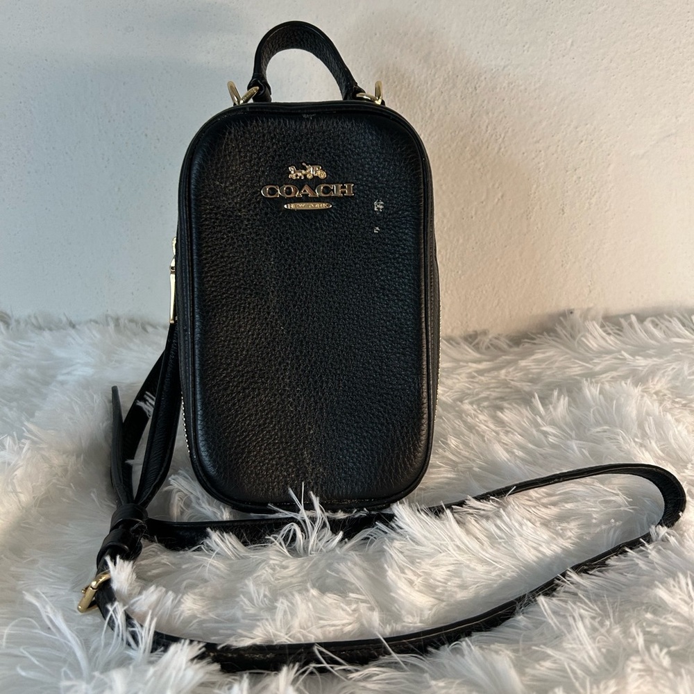Coach Black Pebbled Leather Mini Phone Crossbody with Gold Logo